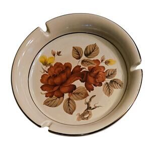 Hylan 6" Round Floral Ashtray with Gold Trim & Cork Bottom Vintage